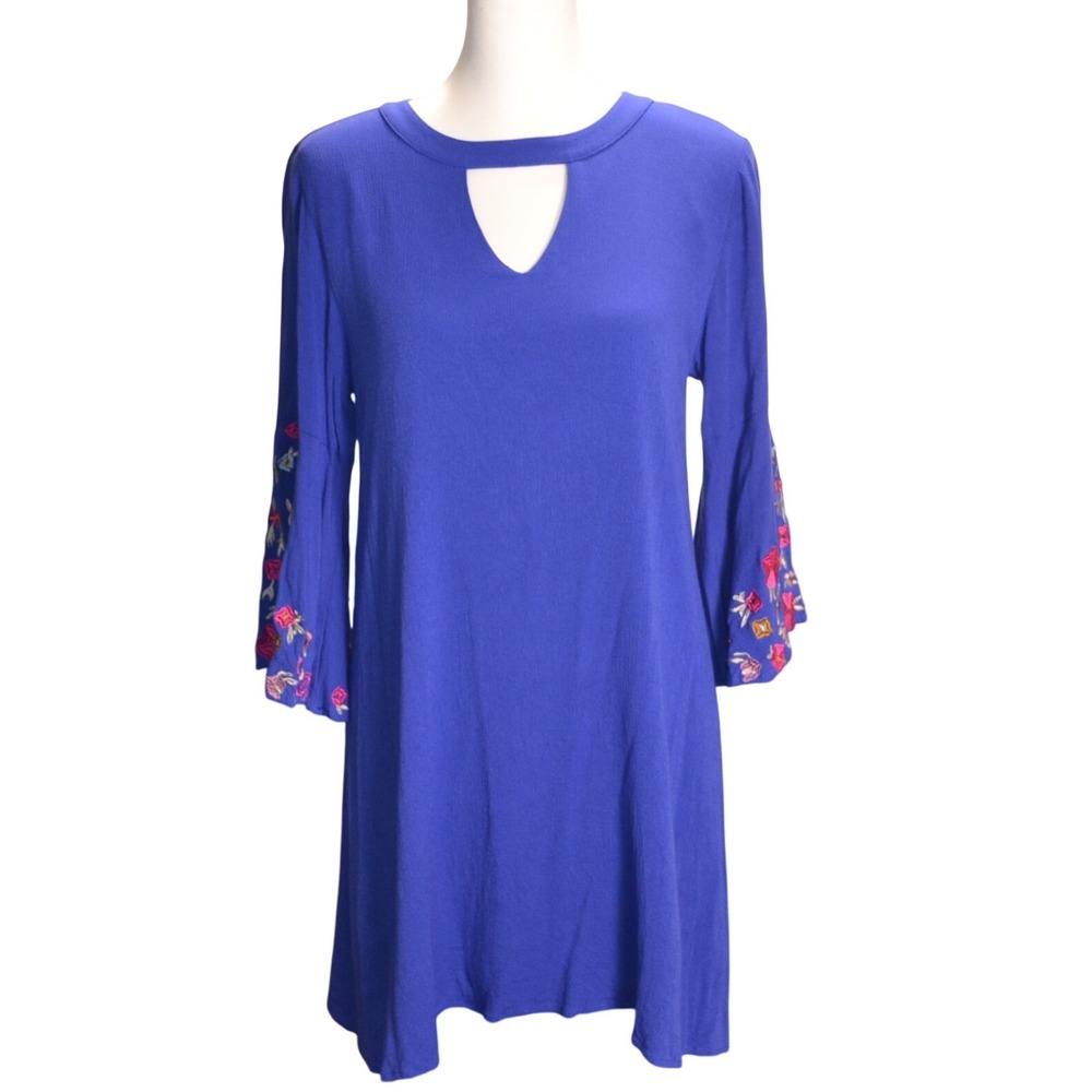 Jodifl Royal Blue Floral Embroidered Bell Sleeve Shift Dress Boho Tunic Mini Key